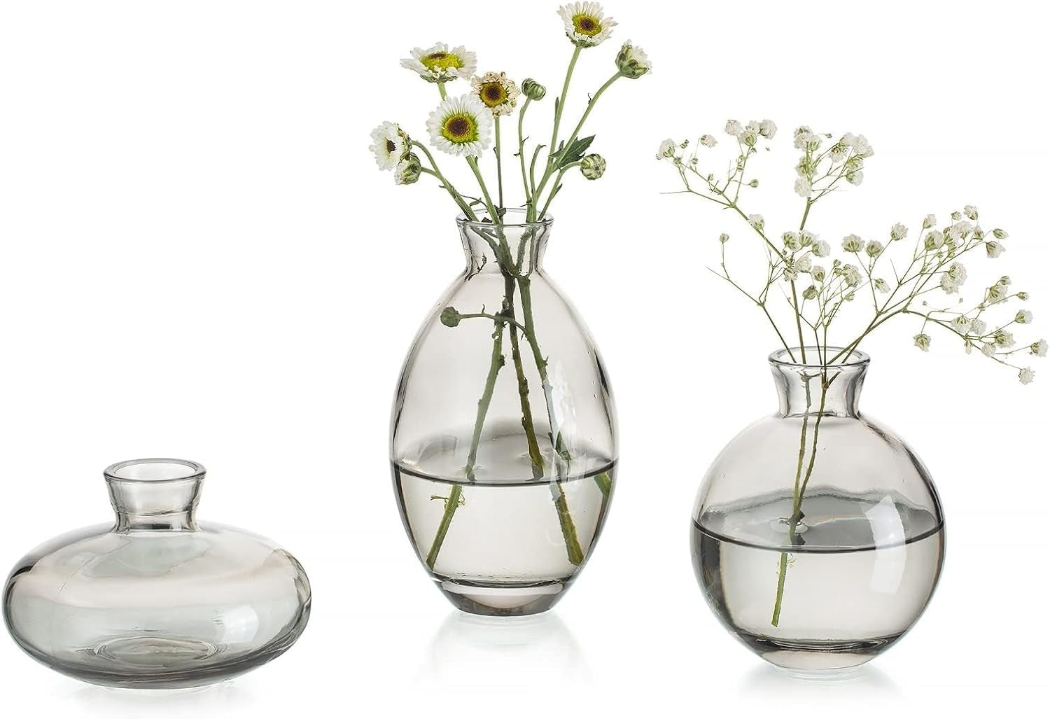 Set of 3 Handmade Gray Glass Bud Vases for Floral Centerpieces and Home Decor