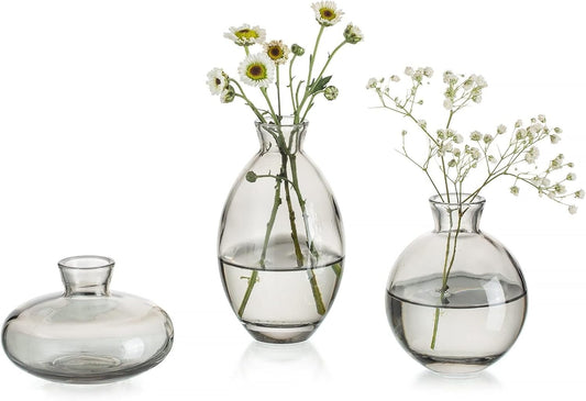 Set of 3 Handmade Gray Glass Bud Vases for Floral Centerpieces and Home Decor