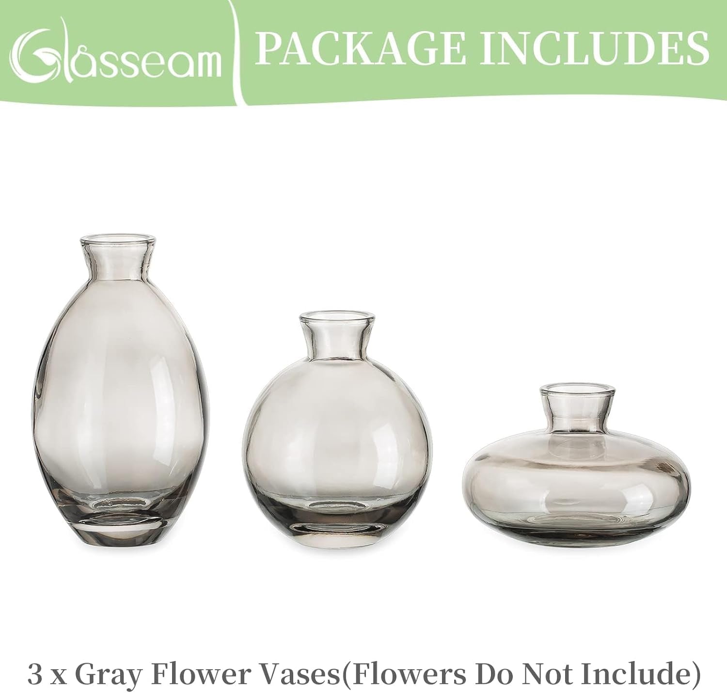 Set of 3 Handmade Gray Glass Bud Vases for Floral Centerpieces and Home Decor