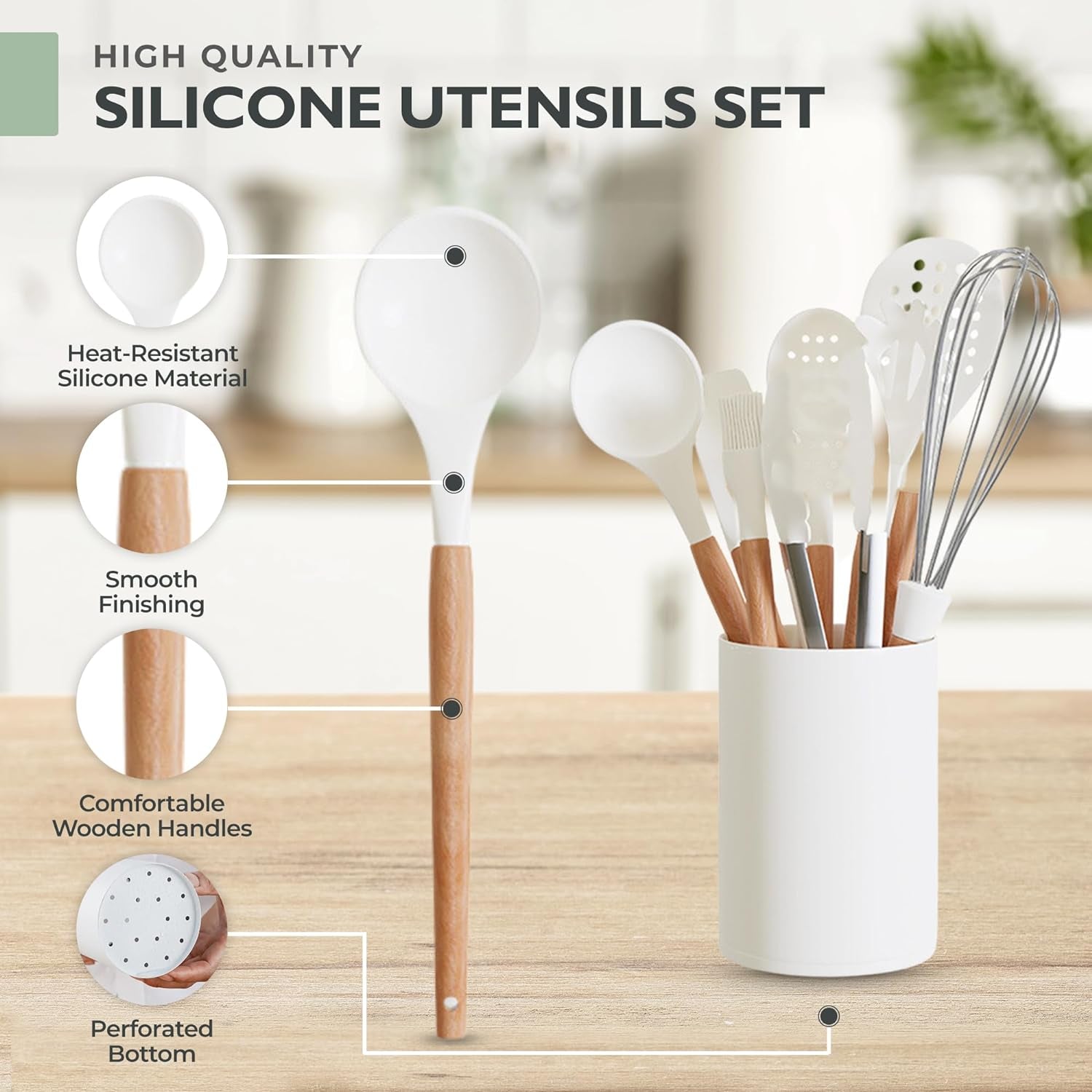 White Silicone Cooking Utensils Set Non Toxic - 11 Pcs Nonstick Kitchen Utensils Set with Holder - Heat-Resistant, BPA Free Spatula Set with Heat Resistant Wood Handles for Nonstick Cookware