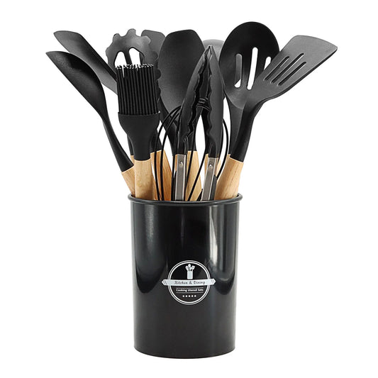 12Pcs Silicone Cooking Kitchen Utensils Set with Holder,Wooden Handles Cooking Tool,Non Tongs Spatula Spoon Kitchen Gadgets Set for Nonstick Cookware